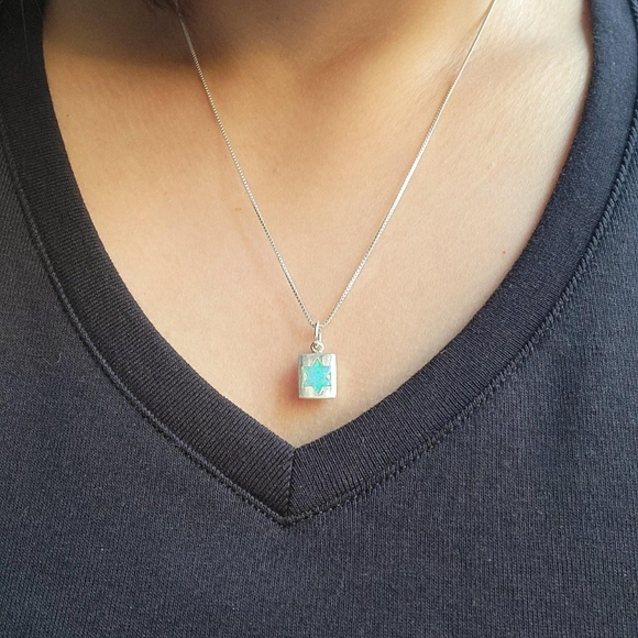 New Solid 925 Sterling Silver Star of David Square Blue Triplet Opal Necklace - Picture 2 of 8